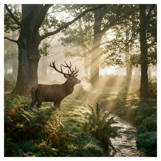 Ciervo en un claro del bosque al amanecer