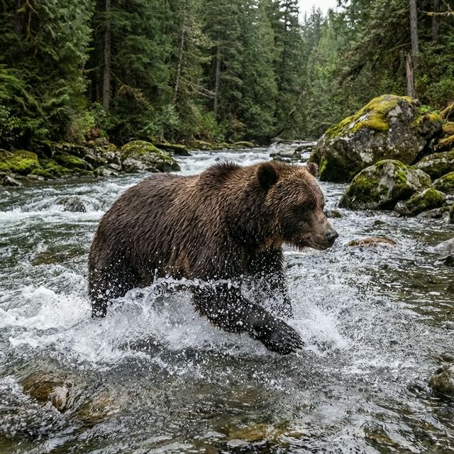 Oso pardo en un río natural