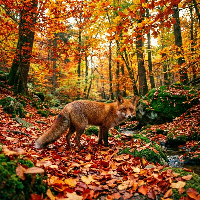 Zorro rojo en un bosque otoñal